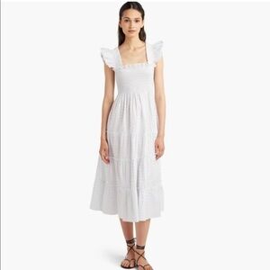 Hill House Square-Neck Midi Dress in White with Tiny Black Dots